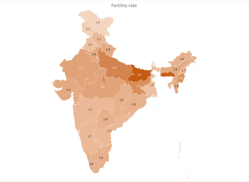 Fertility rate map of Indian states